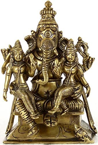 7" Brass Ganesha with Buddhi and Siddhi Handmade Idol