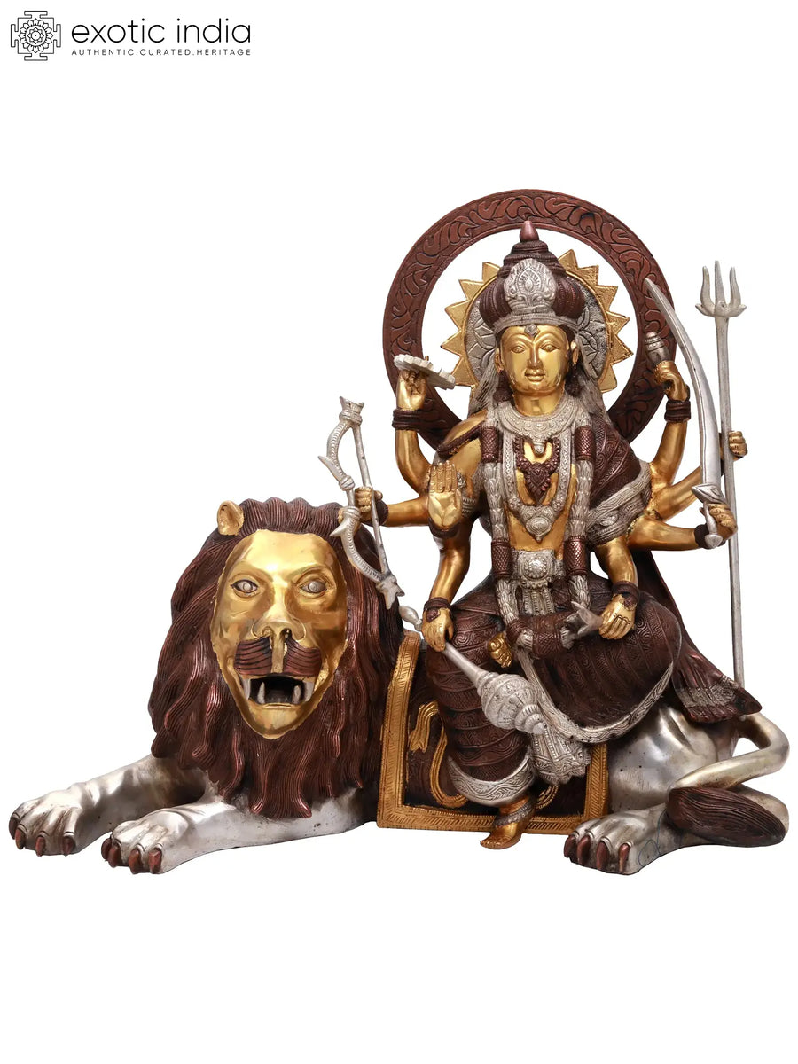 16" Handmade Sheran-wali Mata Brass Statue for Pooja
