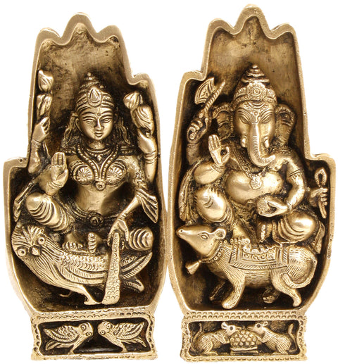 7" Pair of Hands Depicting Lakshmi Seated on Owl and Ganesha on Rat in Brass | Handmade | Made in India