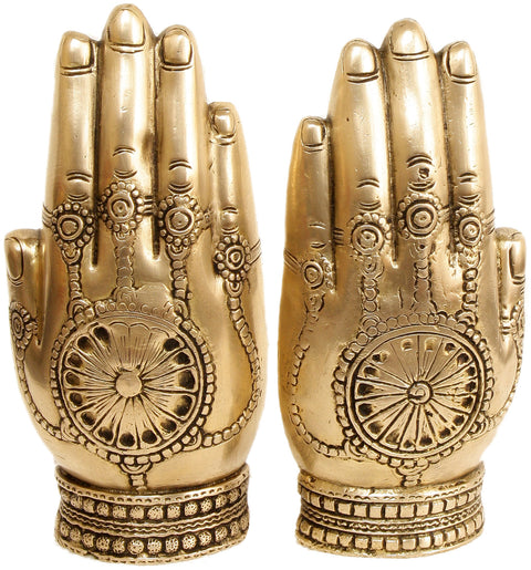 7" Pair of Hands Depicting Lakshmi Seated on Owl and Ganesha on Rat in Brass | Handmade | Made in India