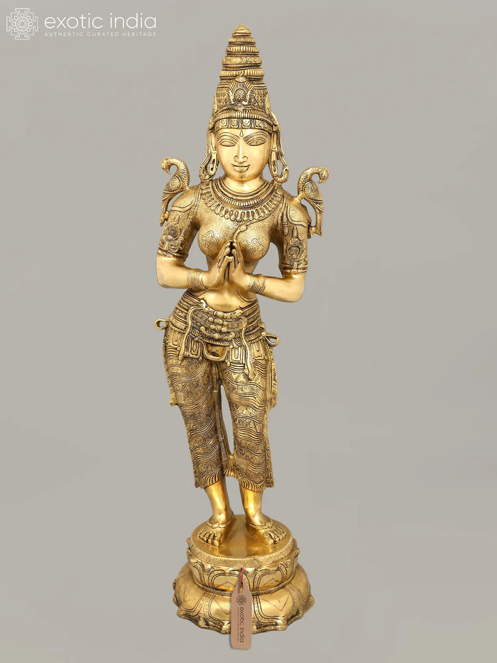 45" Large Brass Namaste Lady Statue for Temple Entrance Decor