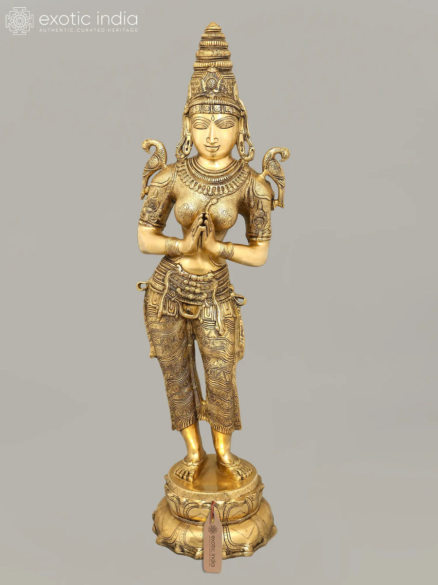 45" Large Brass Namaste Lady Statue for Temple Entrance Decor