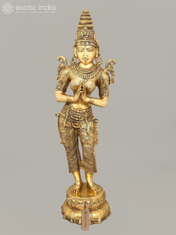 45" Large Brass Namaste Lady Idol (The Celestial Doorkeeper Flanking Temple Doors)