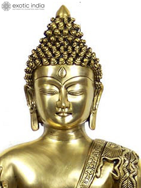 22" Preaching Buddha Seated on Wide Double Lotus Pedestal In Brass | Handmade | Made In India