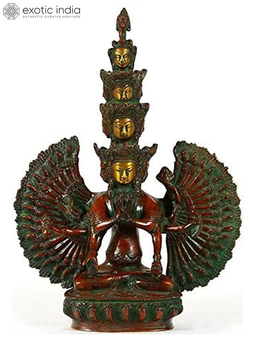 10" Eleven Headed Avalokiteshvara Brass Statue Handmade
