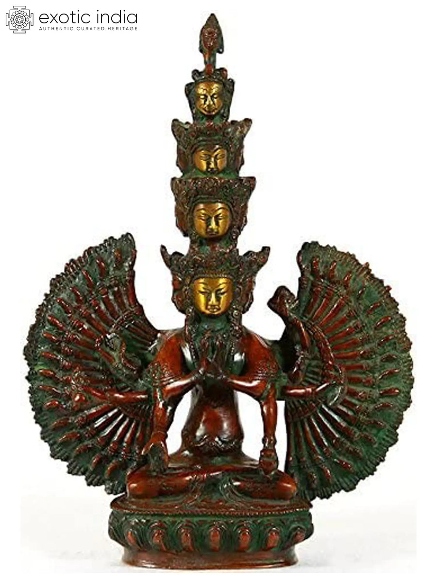 10" Eleven Headed Avalokiteshvara Brass Statue Handmade