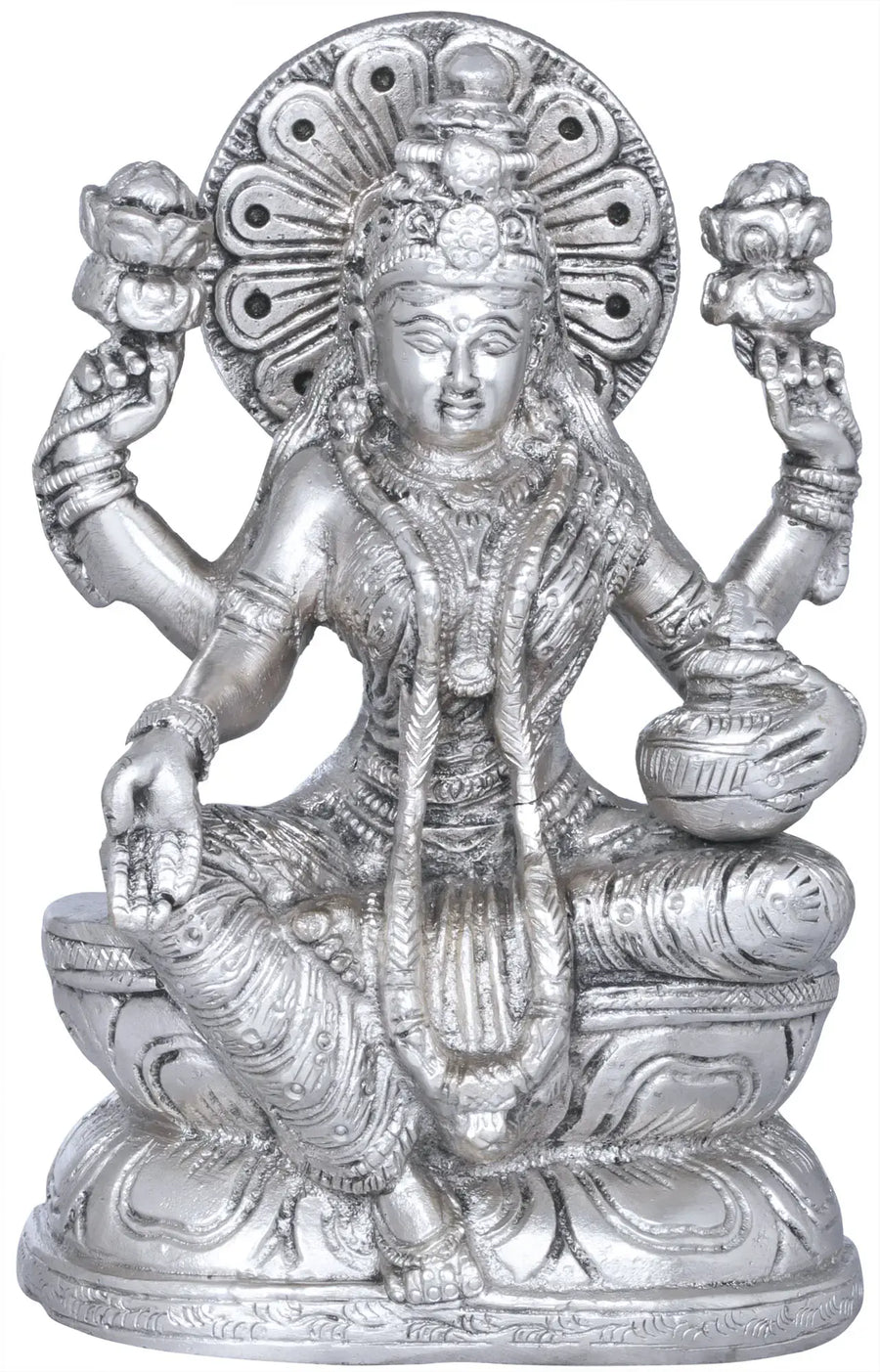 6" Four Armed Lakshmi Goddess Brass Statue with Wealth Pot