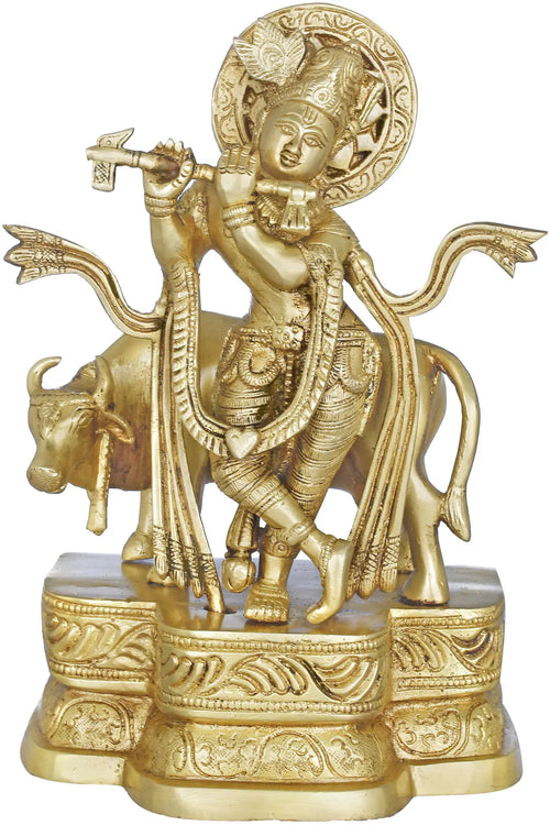 9" Brass Krishna Fluting with Cow Handmade Statue