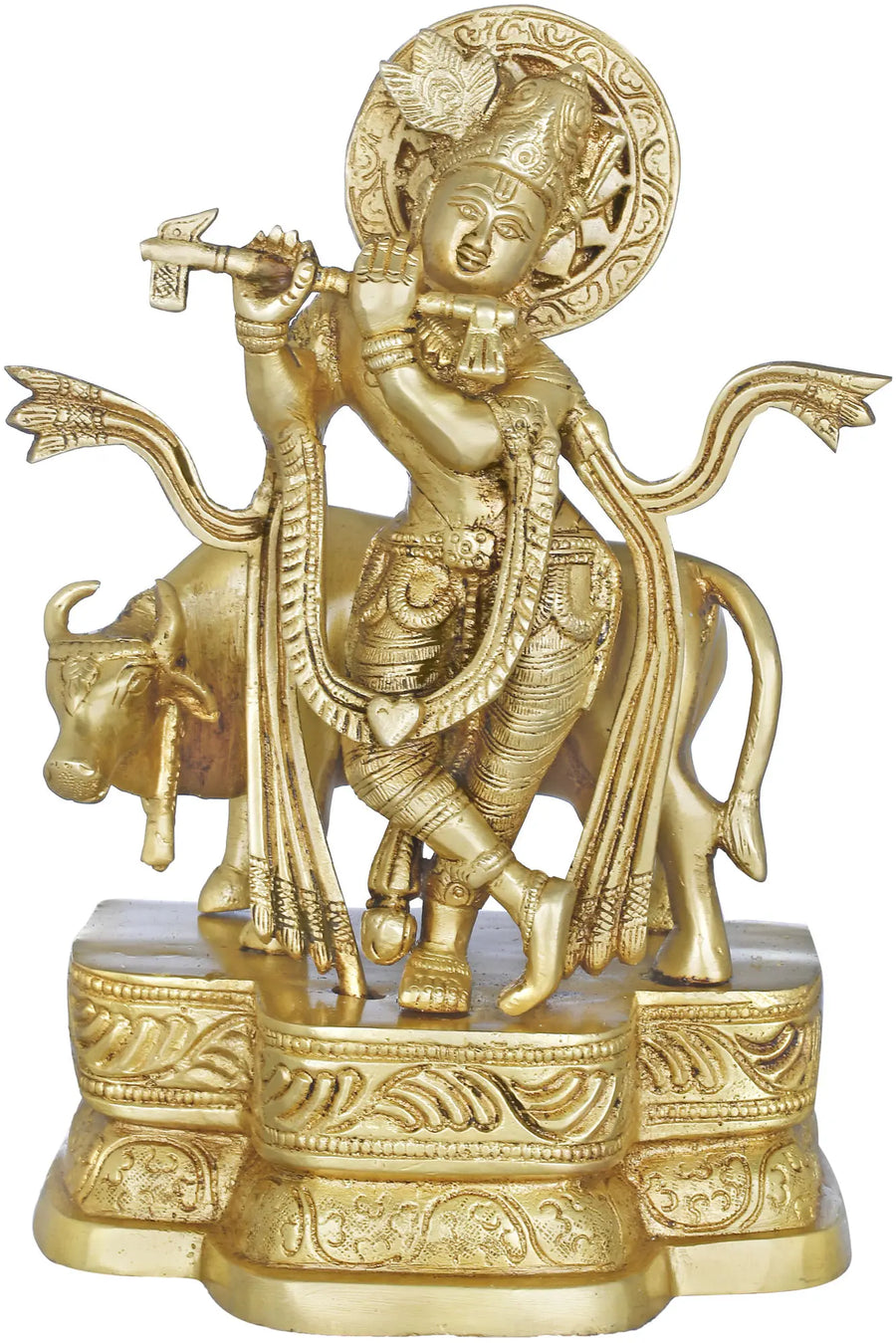 9" Brass Krishna Fluting with Cow Handmade Statue