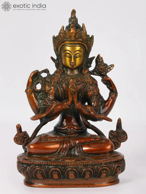 8" Tibetan Buddhist Deity Chenrezig Handmade Brass Sculpture