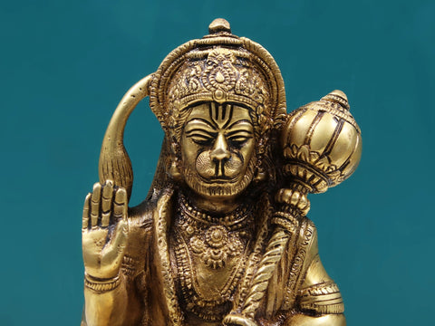 8" Seated Hanuman Brass Statue | Handmade Hindu God Figurine