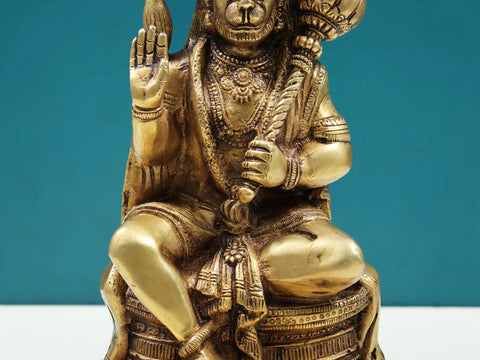 8" Seated Hanuman Brass Statue | Handmade Hindu God Figurine