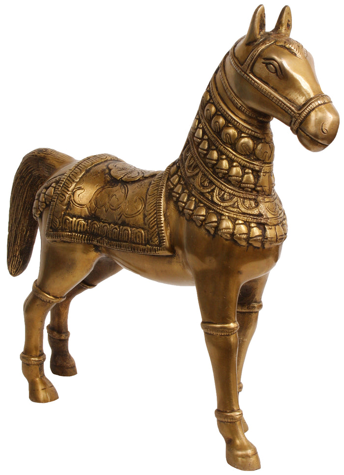 12" Handmade Brass Horse Statue with Carved Saddle