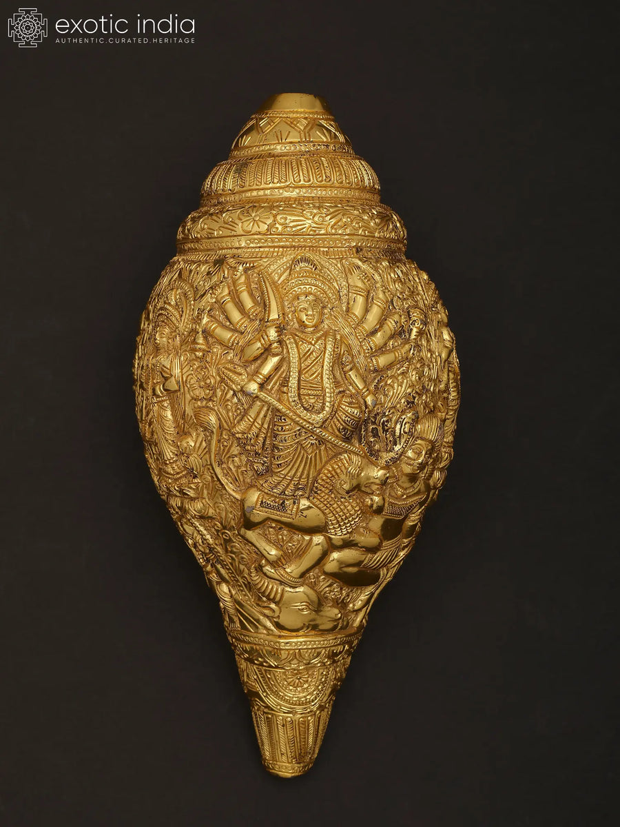 Brass Conch Wall Hanging with Durga, Saraswati, Lakshmi and Ganesha