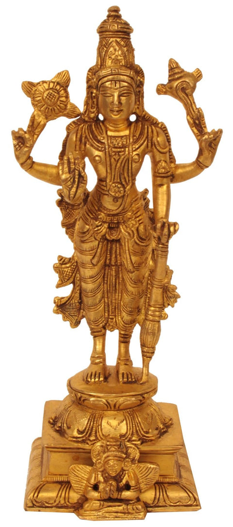 9" Brass Lord Vishnu Idol Standing on Garuda Pedestal | Handmade | Made in India
