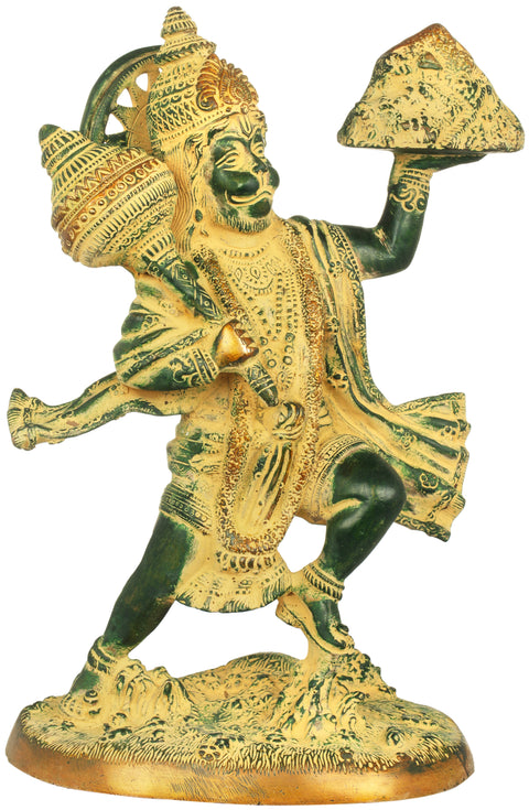 11" Mighty Hanuman Holding Sanjeevani Mountain | Handmade Brass Statue
