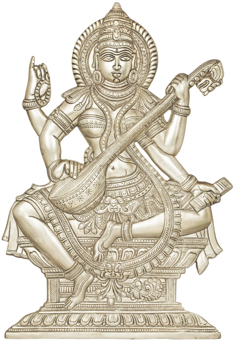 14" Brass Saraswati Wall Hanging Statue – Elegant Goddess Decor for Home & Office