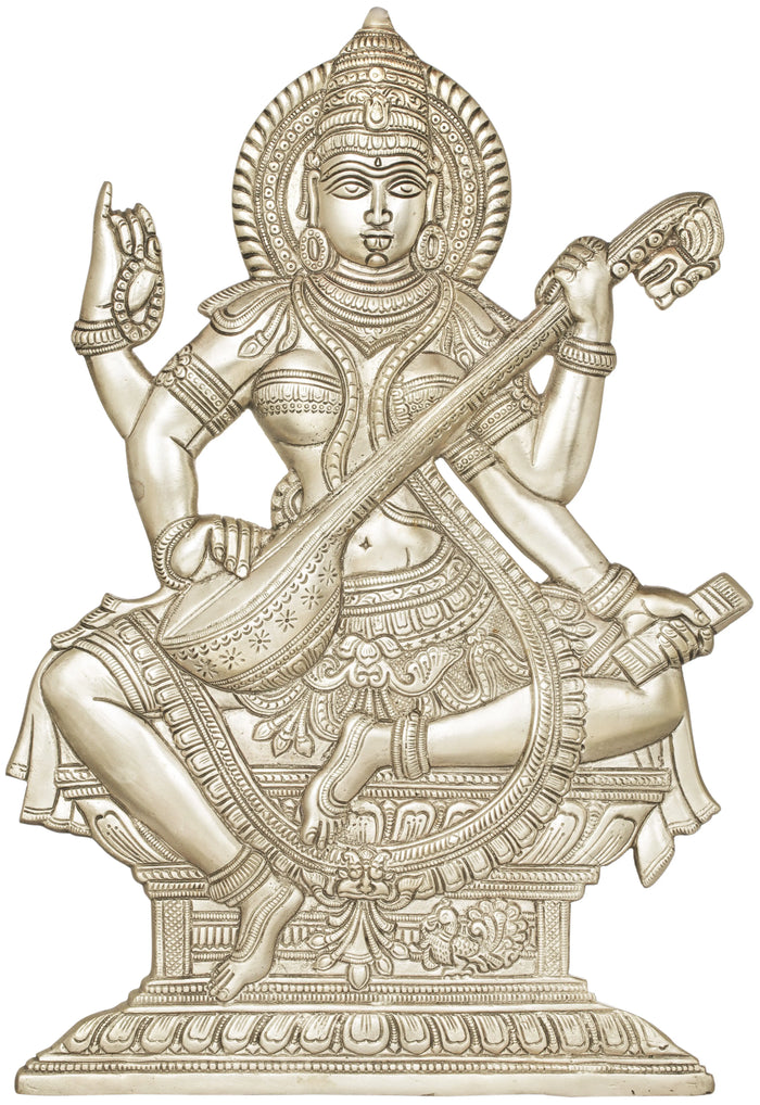 14" Brass Saraswati Wall Hanging Statue for Home Decor