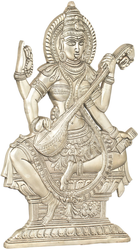 14" Brass Saraswati Wall Hanging Statue – Elegant Goddess Decor for Home & Office