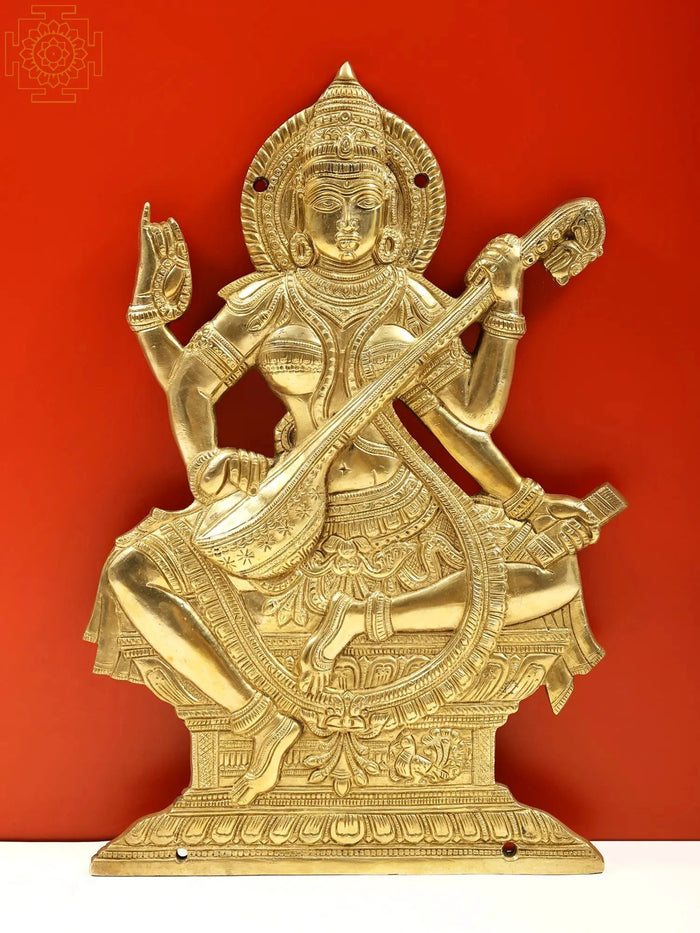 14" Brass Saraswati Wall Hanging Statue Ð Elegant Goddess Decor for Home & Office