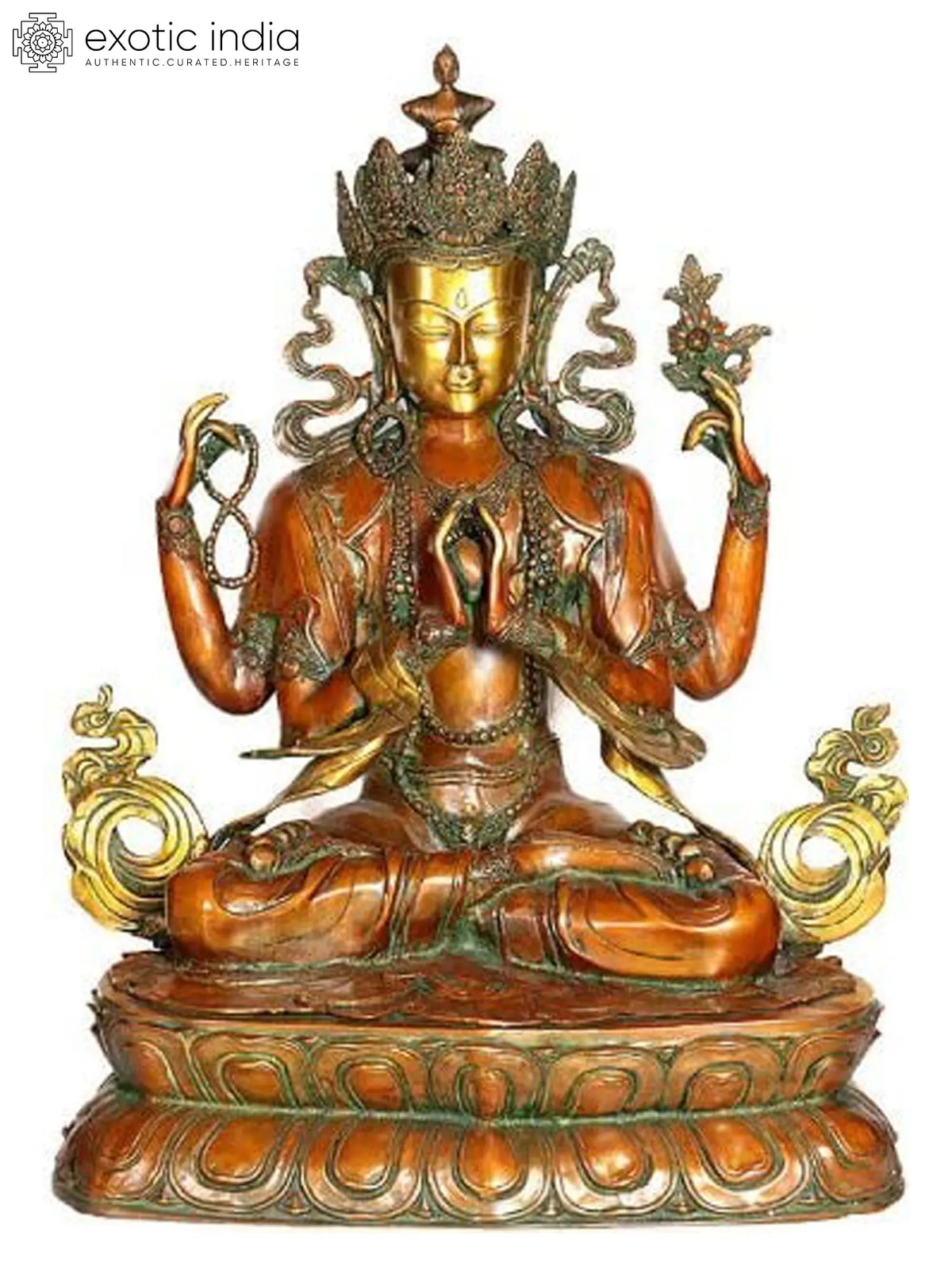 27" Large Four-Armed Avalokiteshvara Brass Sculpture | Tibetan Buddhist Deity Idol