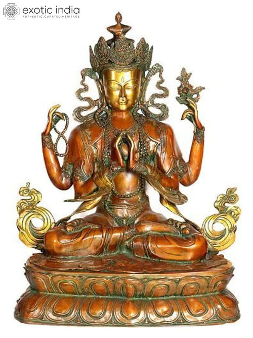 27" Four-Armed Avalokiteshvara Brass Sculpture Handmade