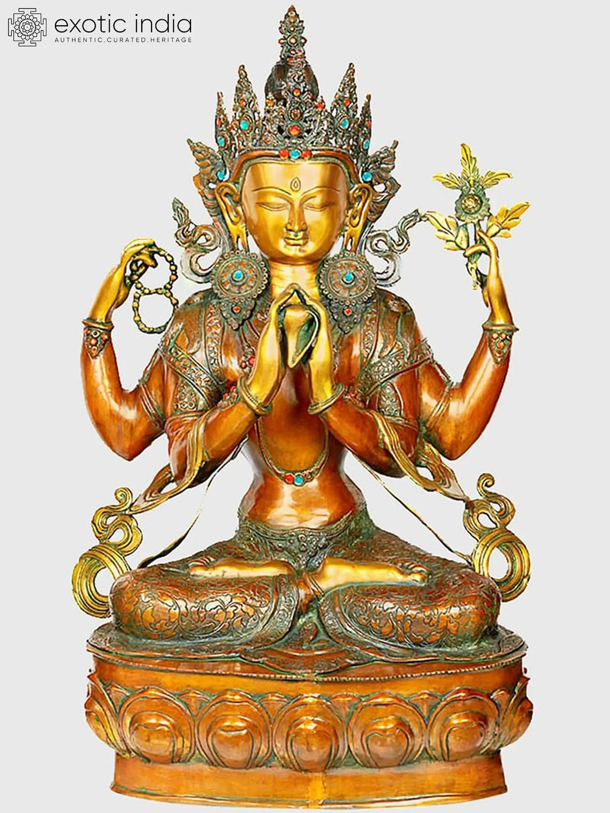 38" Tibetan Buddhist Deity Large Size Shadakshari Lokeshvara (Chenrezig) In Brass | Handmade | Made In India