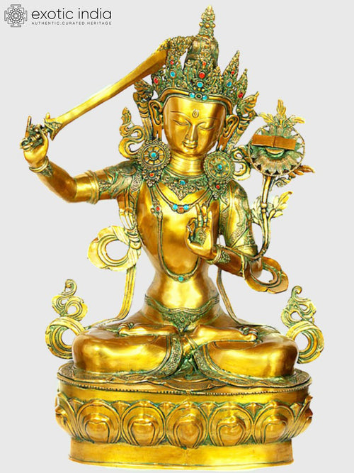 39" Manjushri Brass Sculpture - Handmade Tibetan Buddhist Deity Statue