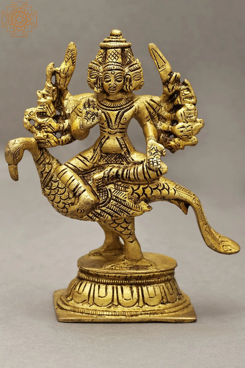 5" Karttikeya Brass Statue - Handmade Hindu Deity Idol
