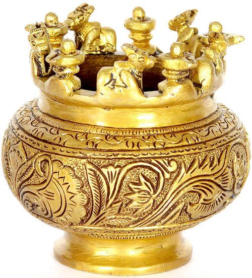 4" Brass Incense Burner with Nandi and Shiva Linga Statue Handmade