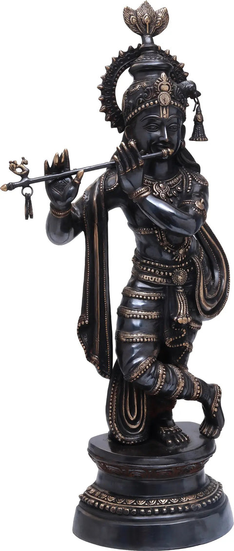 36" Large Lord Krishna Brass Idol Playing Flute