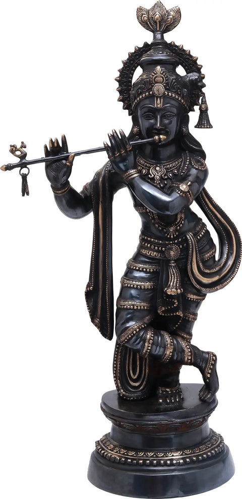 36" Large Lord Krishna Brass Idol Playing Flute