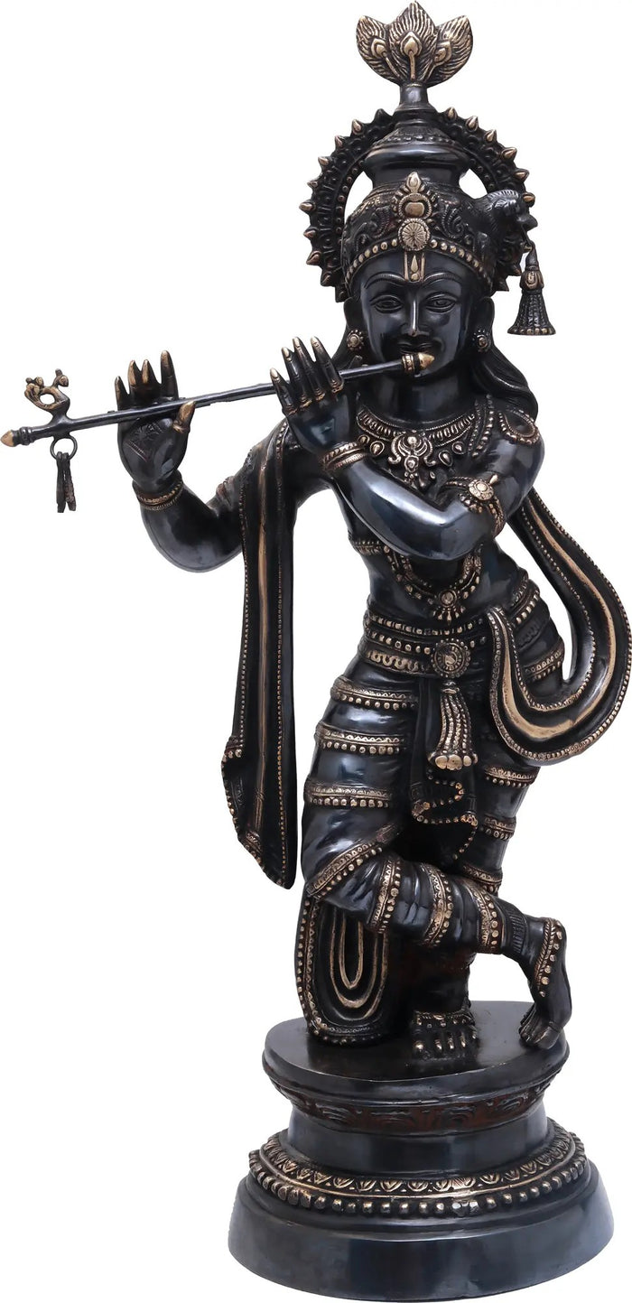 36" Large Lord Krishna Brass Idol Playing Flute