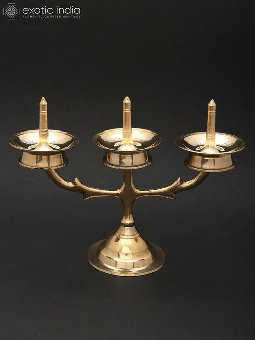 Triple Brass Oil Lamp from Kerala