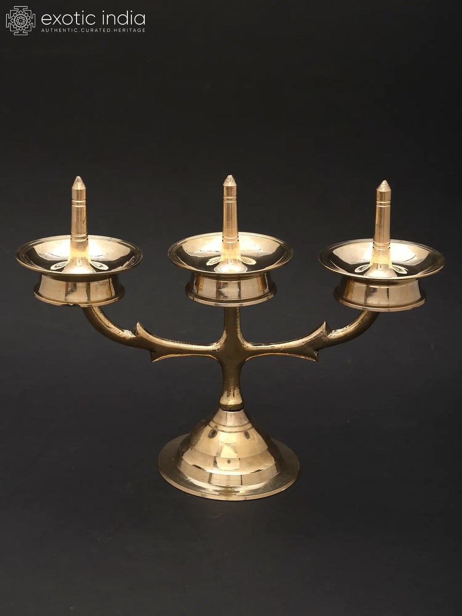 Triple Brass Oil Lamp from Kerala