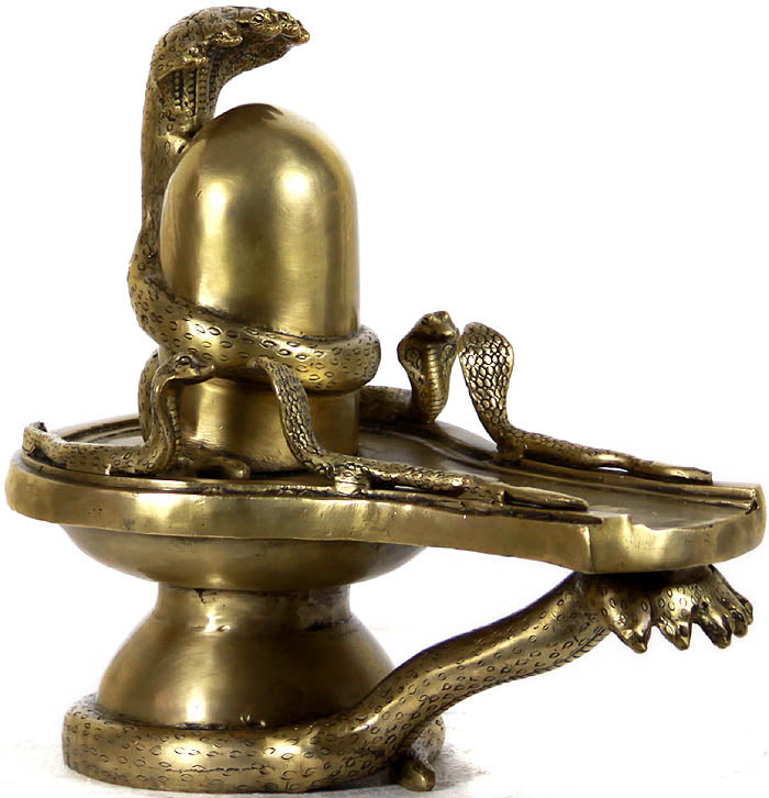 14" Brass Shiva Linga with Nagas Handmade Statue