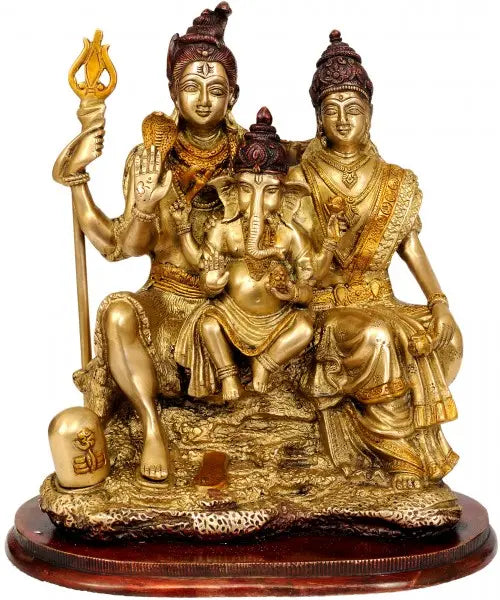 13" Handmade Shiva Family Brass Statue