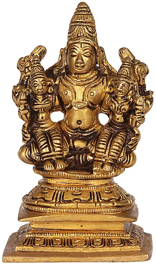 4" Lord Vishnu with Bhudevi and Shridevi Small Sculpture in Brass | Handmade | Made in India