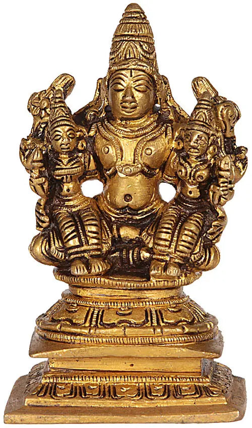 4" Lord Vishnu with Bhudevi and Shridevi Brass Sculpture Handmade