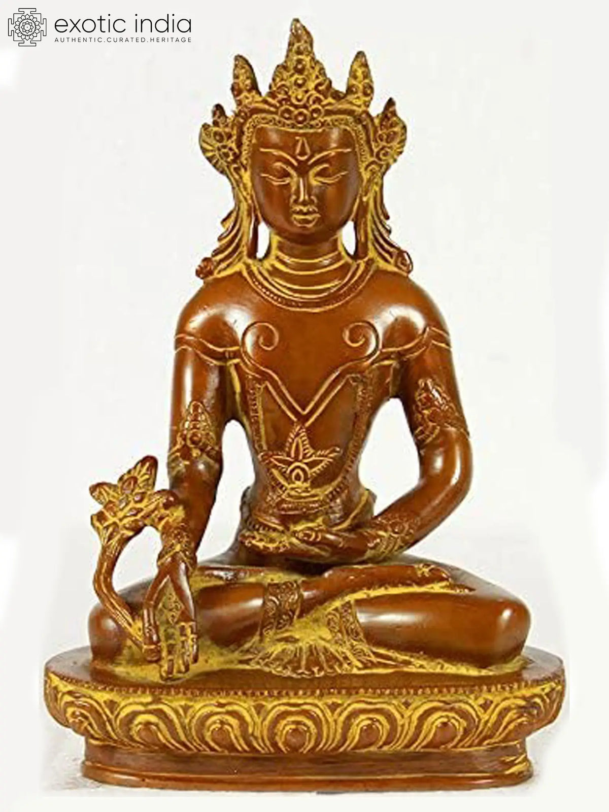 8" Tibetan Buddhist Crowned Medicine Buddha In Brass | Handmade | Made In India