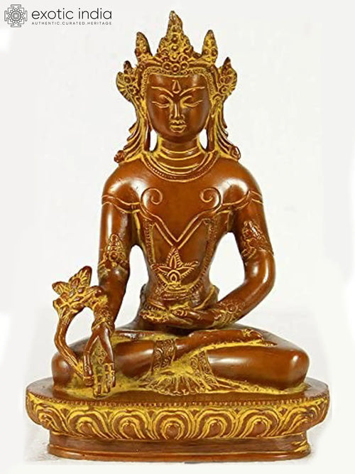 8" Handmade Crowned Medicine Buddha Brass Statue