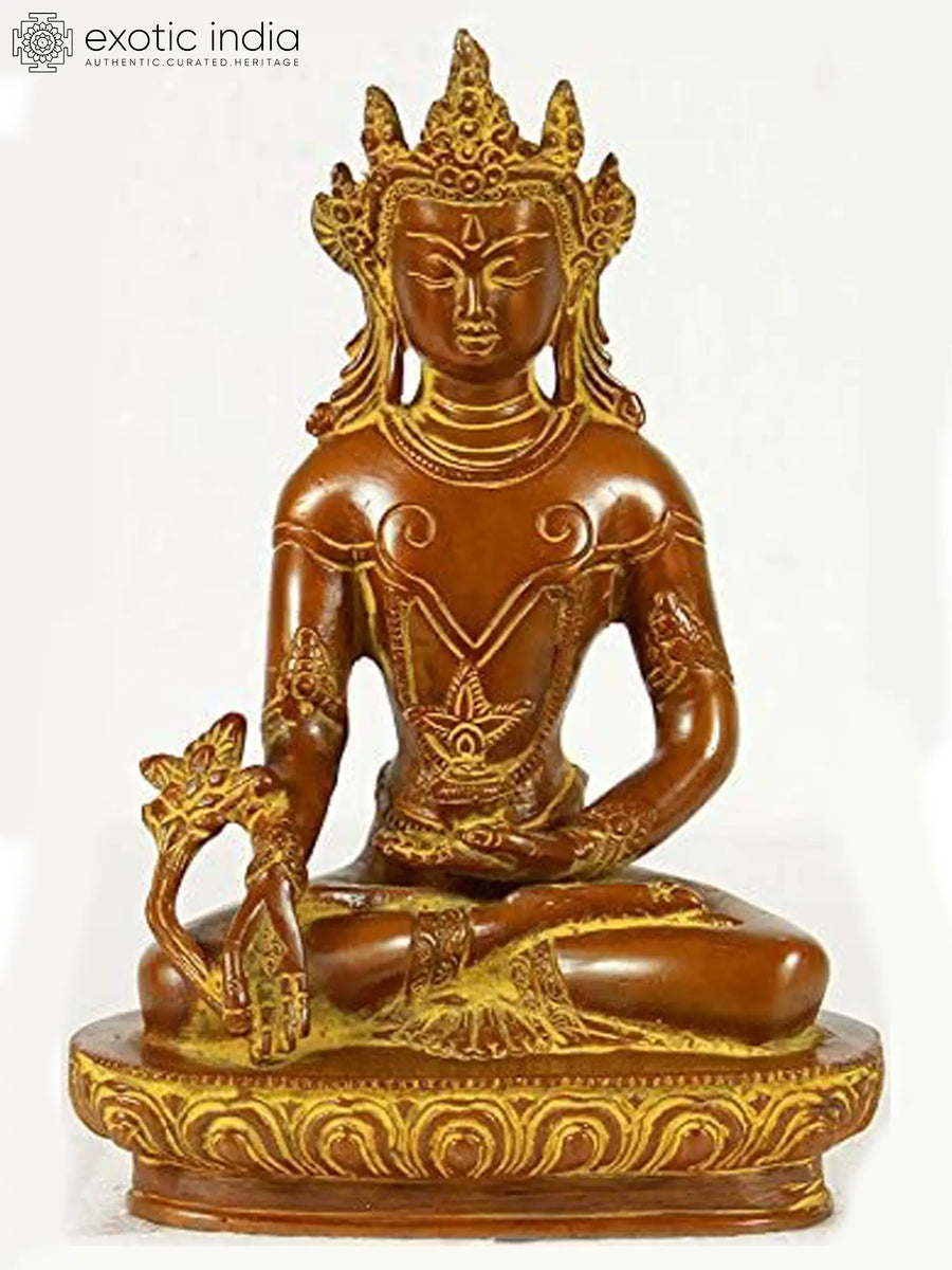 8" Handmade Crowned Medicine Buddha Brass Statue