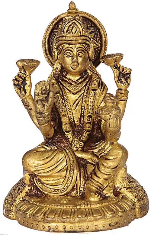 4" Goddess Lakshmi with Wealth Pot Brass Handmade Statue