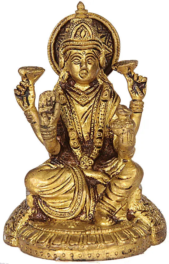 4" Goddess Lakshmi with Wealth Pot Brass Handmade Statue