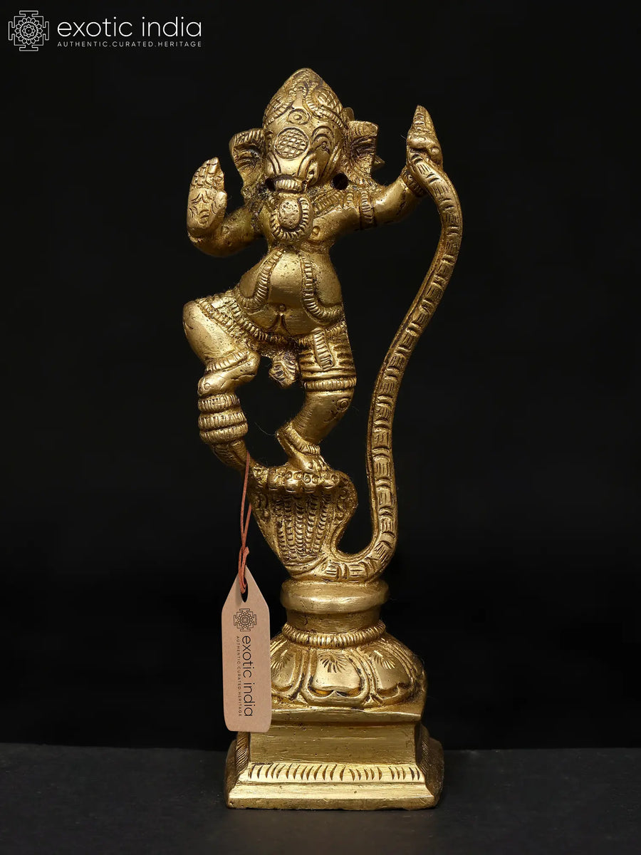5" Lord Ganesha Dancing on Kaliya Brass Statue Handmade