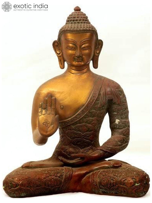 11" Seated Buddha Abhaya Mudra Brass Statue Handmade