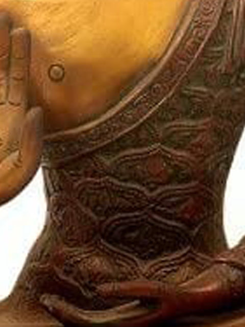 11" Seated Buddha in Abhaya Mudra (Robes Decorated with Auspicious Symbols) In Brass | Handmade | Made In India