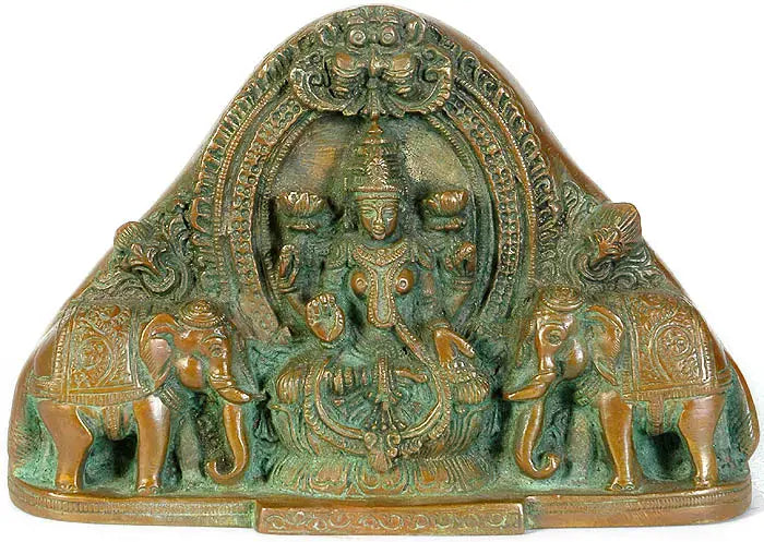 12" Handmade Brass Gaja Lakshmi Idol with Kirtimukha