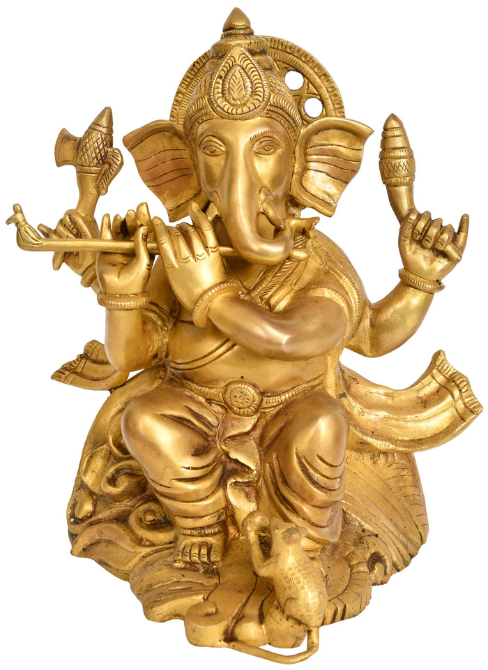 12" Lord Ganesha Playing Flute Brass Statue Handmade