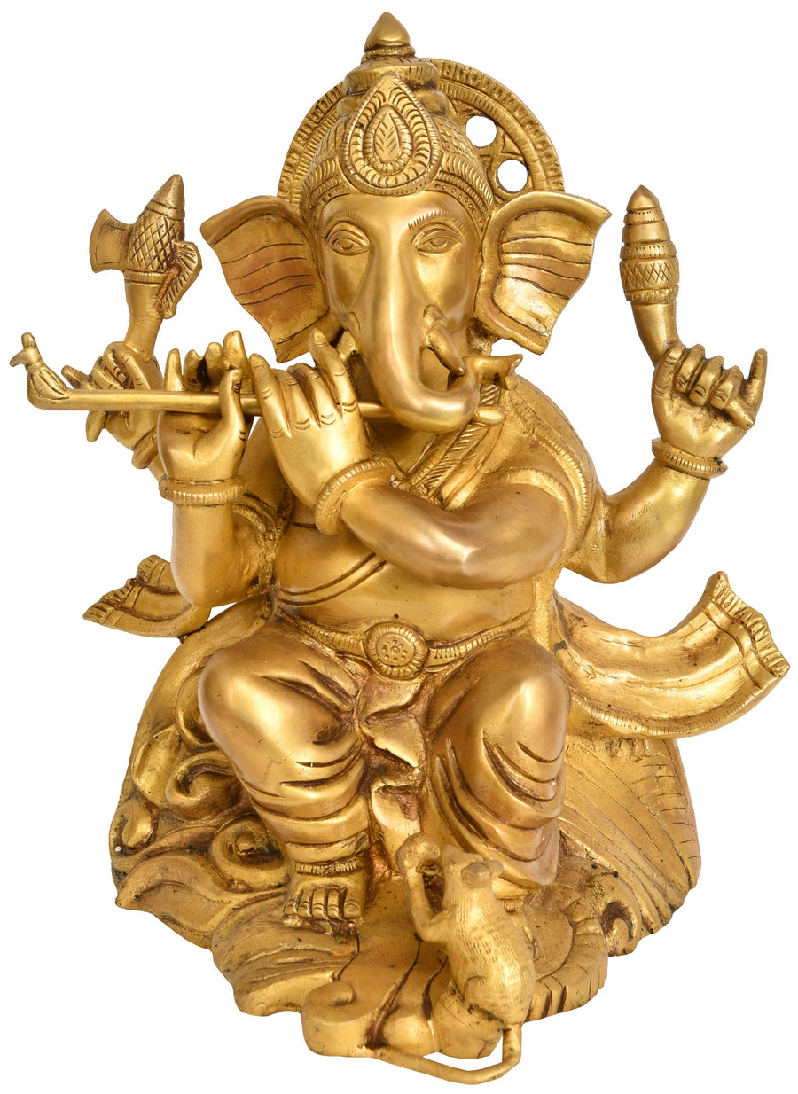 12" Lord Ganesha Playing Flute Brass Statue Handmade
